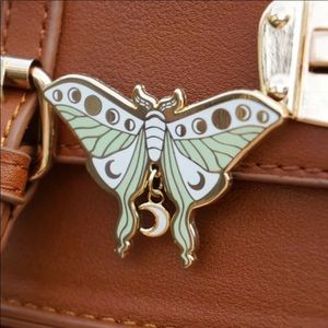 White & Green Luna Moth & Crescent Moon Enamel Pin